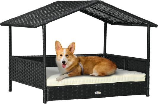 PawHut Wicker Dog House Outdoor with Canopy, Rattan Dog Bed with Water-Resistant Cushion, Raised Dog Bed for Small, Medium Dogs up to 66 lbs, 19.75" in Length, Black Wicker, White Cushion