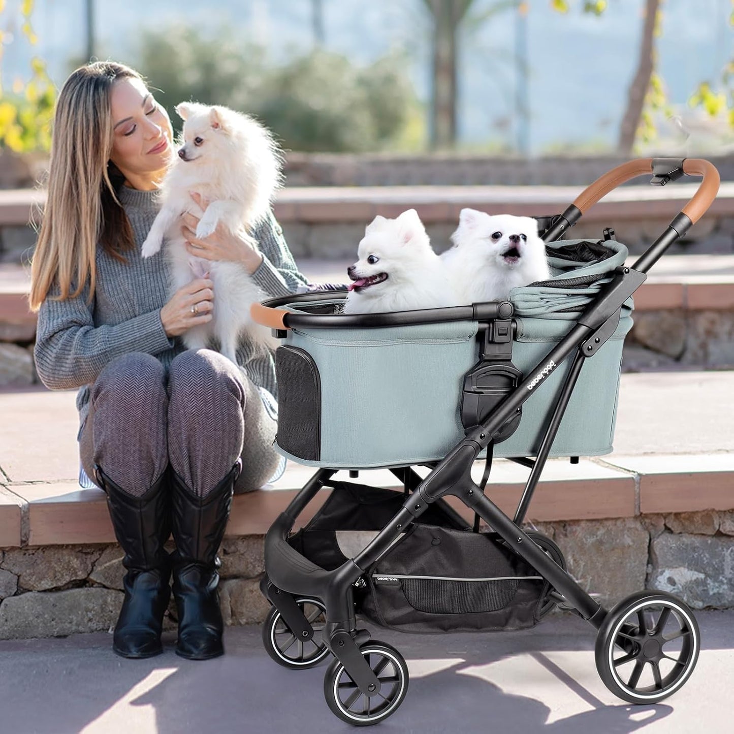 T6 Luxury Pet Stroller for Medium Dogs Up to 66lbs or 2 Small Pets – 3-in-1 Dog & Cat Stroller with Removable Carrier, Foldable & Lightweight (Green)