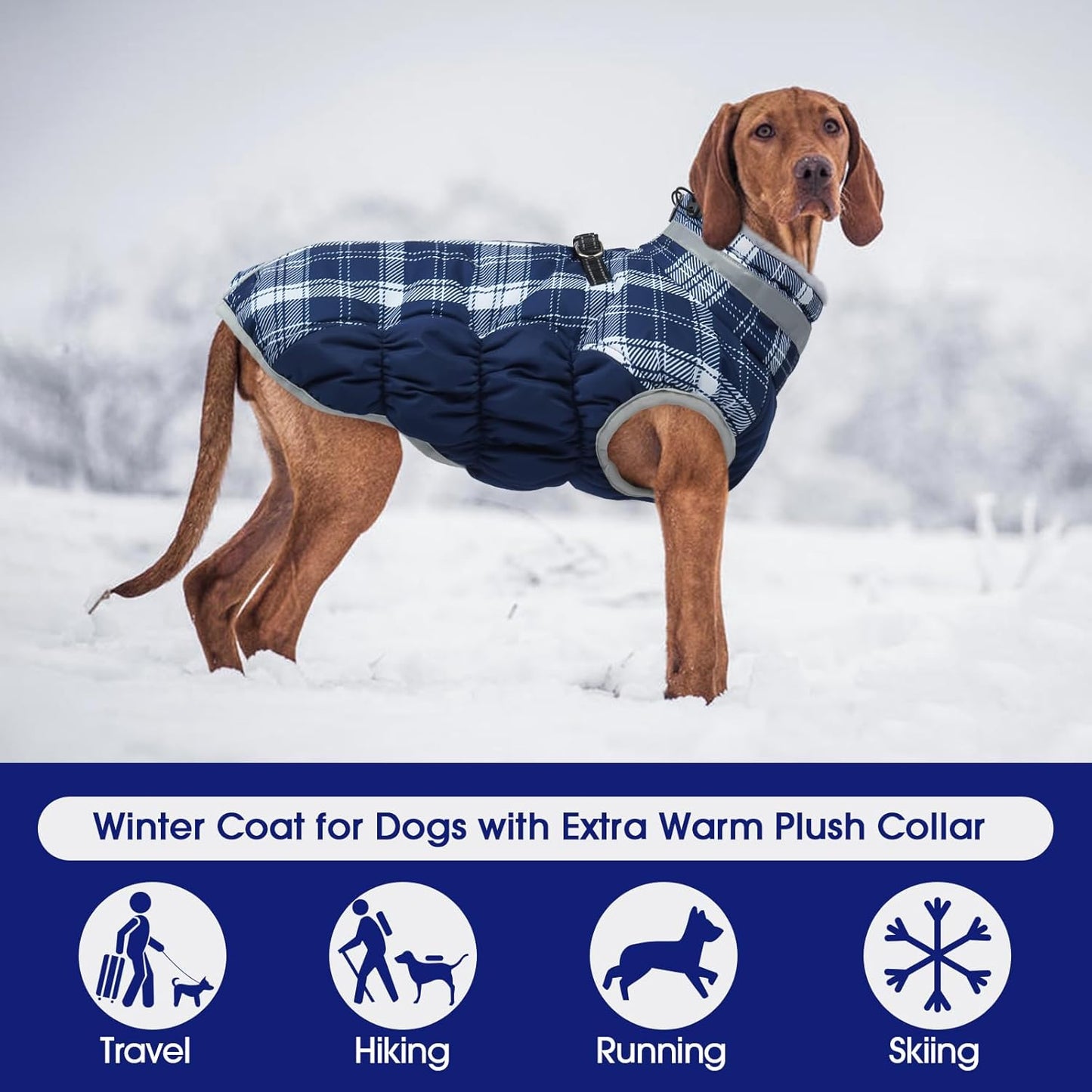 FUAMEY Dog Coat for Large Dogs,Waterproof Dog Winter Jacket with Harness Built in Puppy Cold Weather Coats Reflective Pet Vest with Zipper Warm Fleece Dogs Snowsuit Windproof Blue Plaid XL