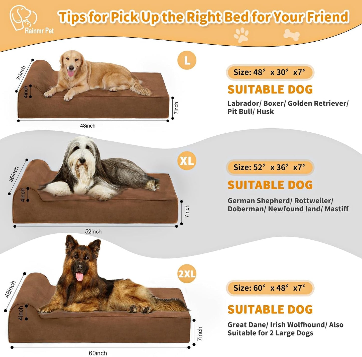 Large Orthopedic Dog Bed, 7" Memory Foam with Waterproof Liner, Chew Resistant Microsuede Cover, Removable and Washable, for Indoor, Outdoor, and Car Use, Nonskid Base, 52"x36" XL Brown