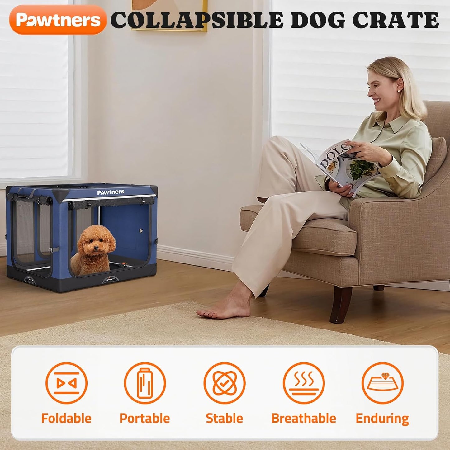 Collapsible Dog Crate: 26 Inch Foldable Soft Sided Dog Crate for Small Dogs, Portable Dog Travel Kennel with Soft Mat for Indoors & Outdoors, Blue (26" L x 18" W x 18" H)