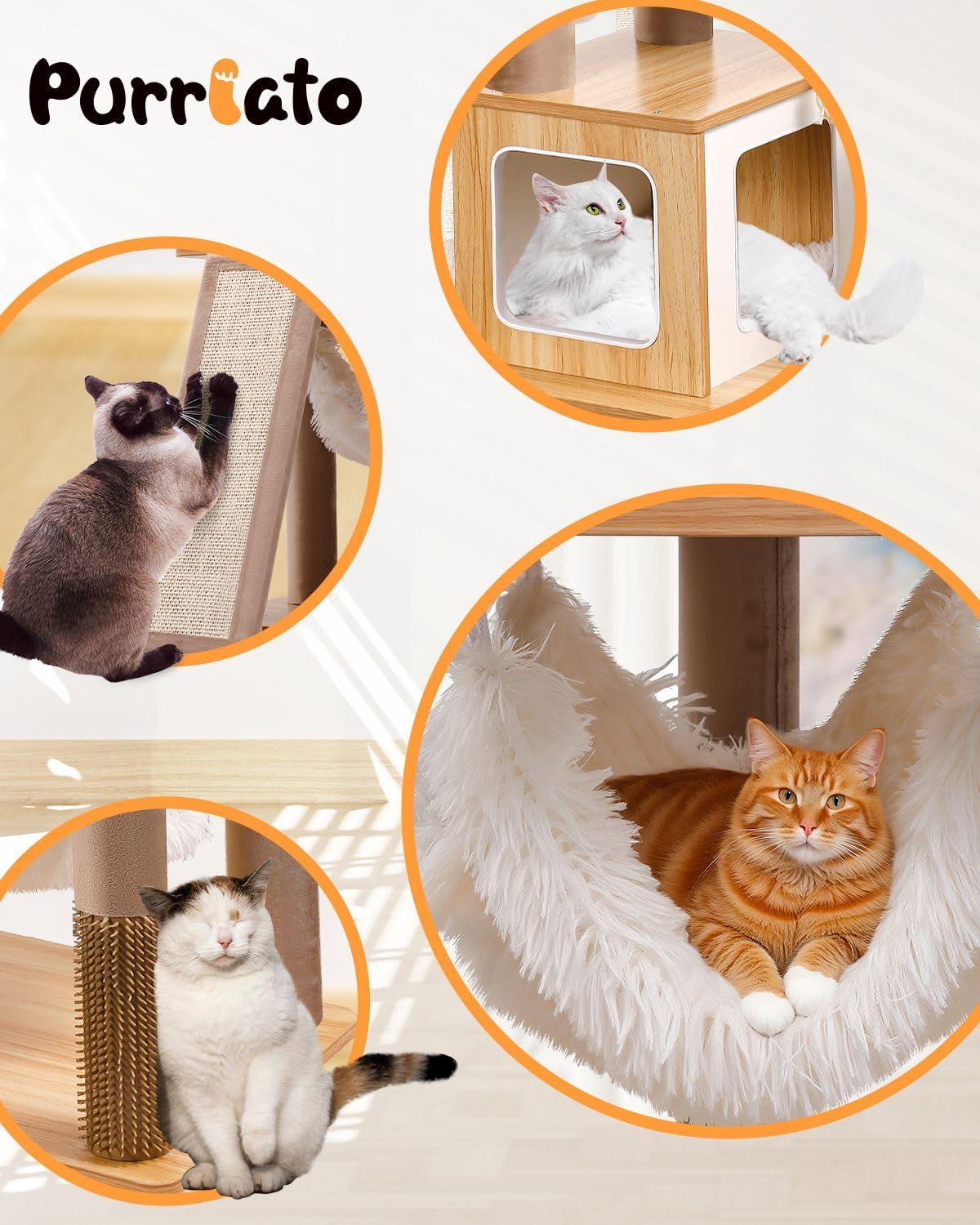 61" Wooden Cat Tree Tower for Indoor Cats, Luxury Modern Wooden Tower with XL Plush Lounge, Hammock & Scratching Posts for Maine Coon 20 lbs