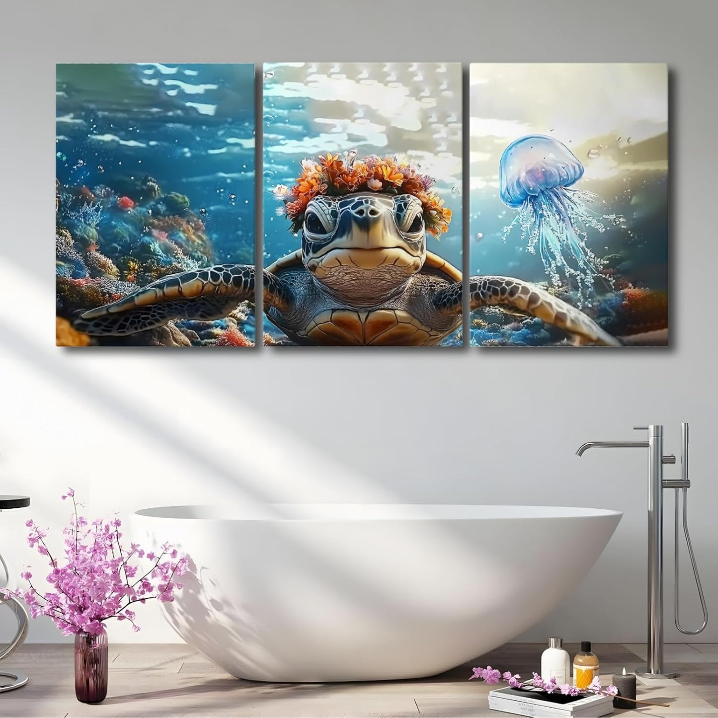 Wivsev Sea Turtle Canvas Wall Art,Under Sea Wall Art,Sea Life Pictures Wall Decor,Ocean Animal Painting for Bathroom,Living Room,Bedroom (12" x 18" x 3 pcs)