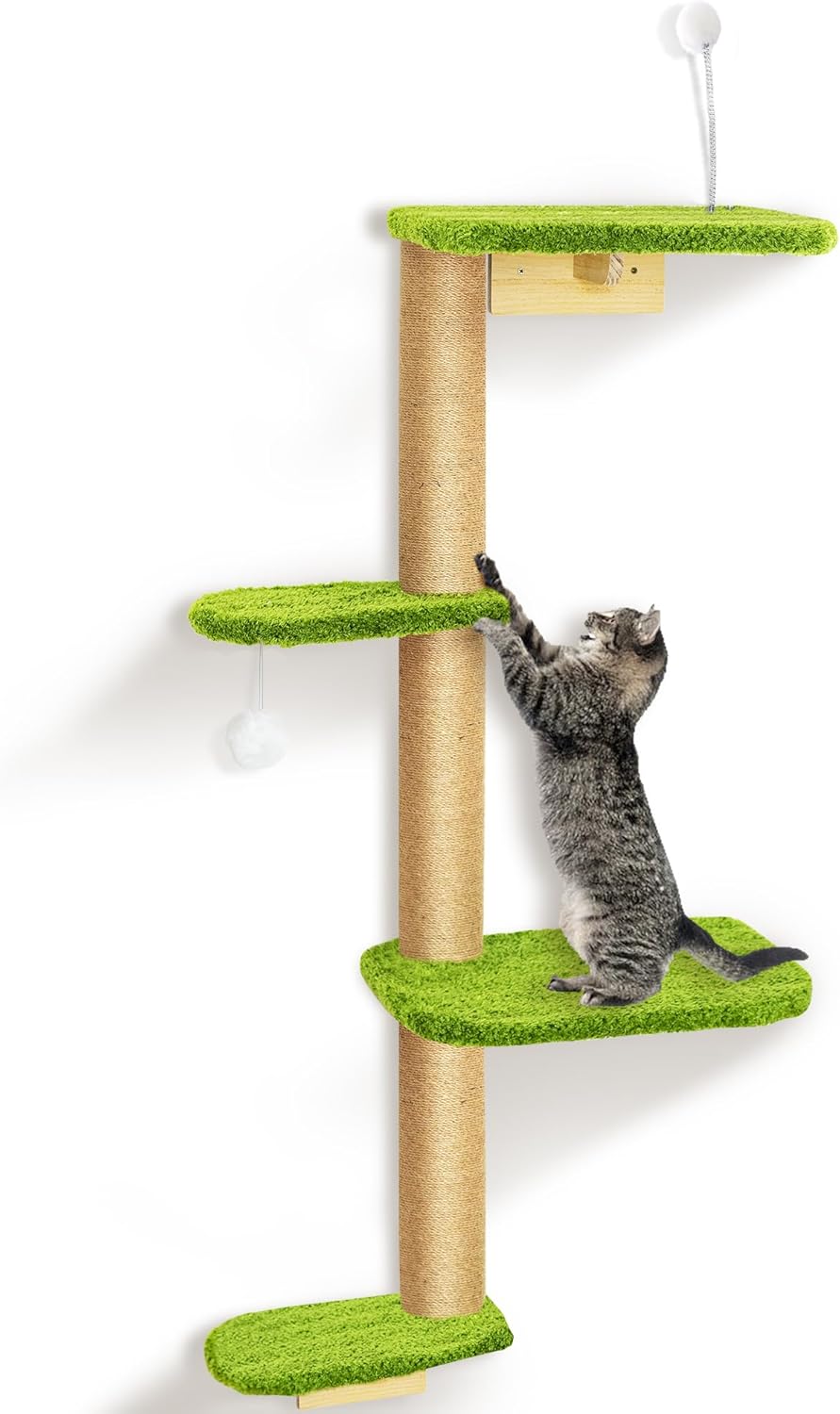 Cat Wall Climber and Floating Shelves, Wall Mounted Cat Tree for Kittens & Cats Up to 30lbs, 4-Tier Adjustable Design with Green Plush Pads