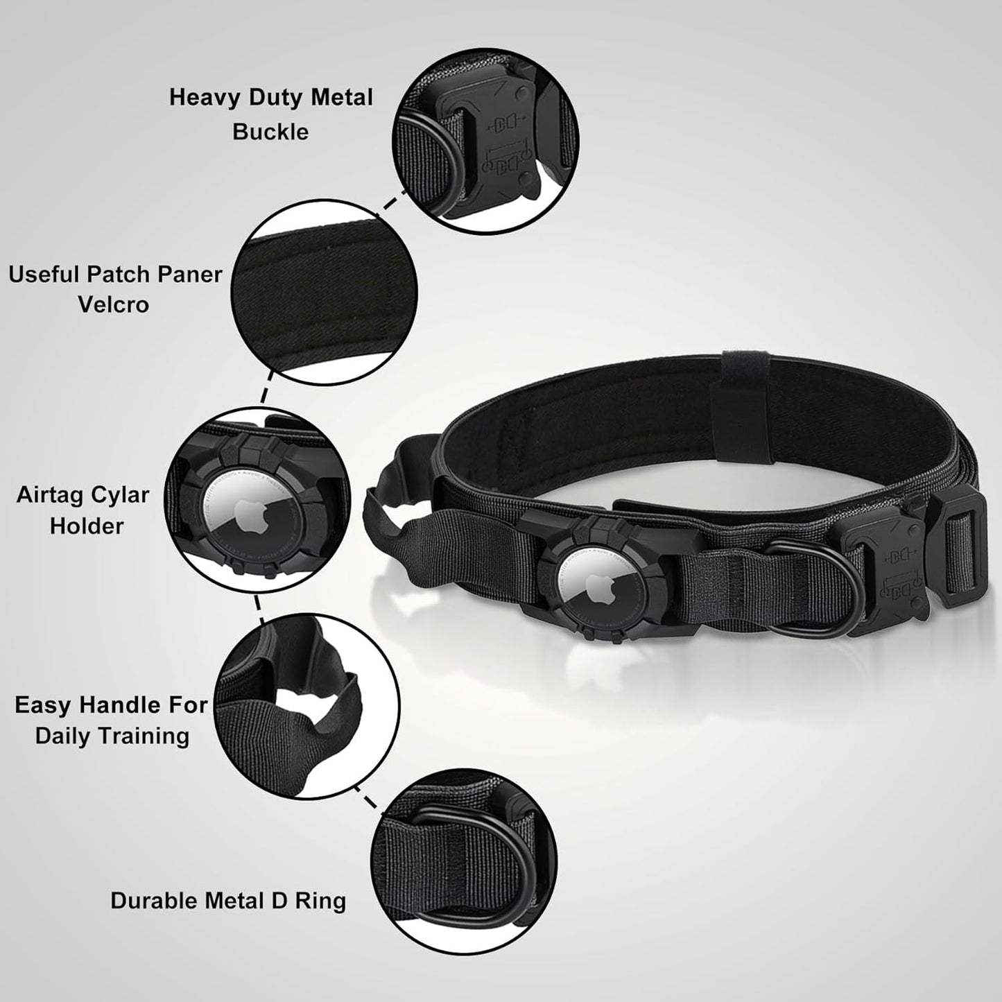 Tactical AirTag Dog Collar Leash Set - Heavy Duty, Adjustable GPS Collar Compatible with Apple AirTag, with Holder & Control Handle for Medium/Large Dogs [ Black, L ]
