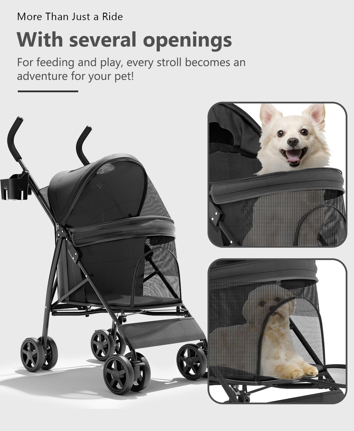 Pet Stroller with 4 Wheels for Small/Medium Pets, Portable Travel Foldable Carrier Jogger for Dog Cat Puppy Kitty, Rear Wheel Breaks, Storage Basket, Visible Mesh with Weather Cover (Black)