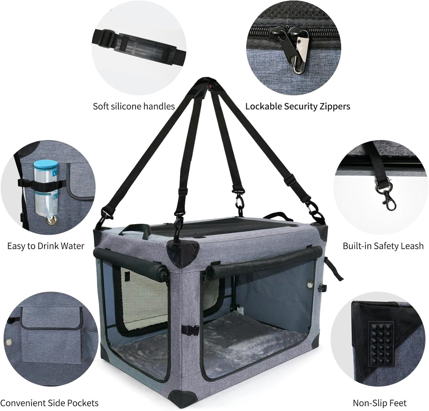 NEZUC Soft Collapsible Dog Crate - 24 Inch Portable Soft Sided Travel Dog Crates for Small Dogs, 4-Door Foldable Dog Carrier, Pet Kennel Indoor & Outdoor (Gray, 24.0" L x 17.0" W x 17.0" H)