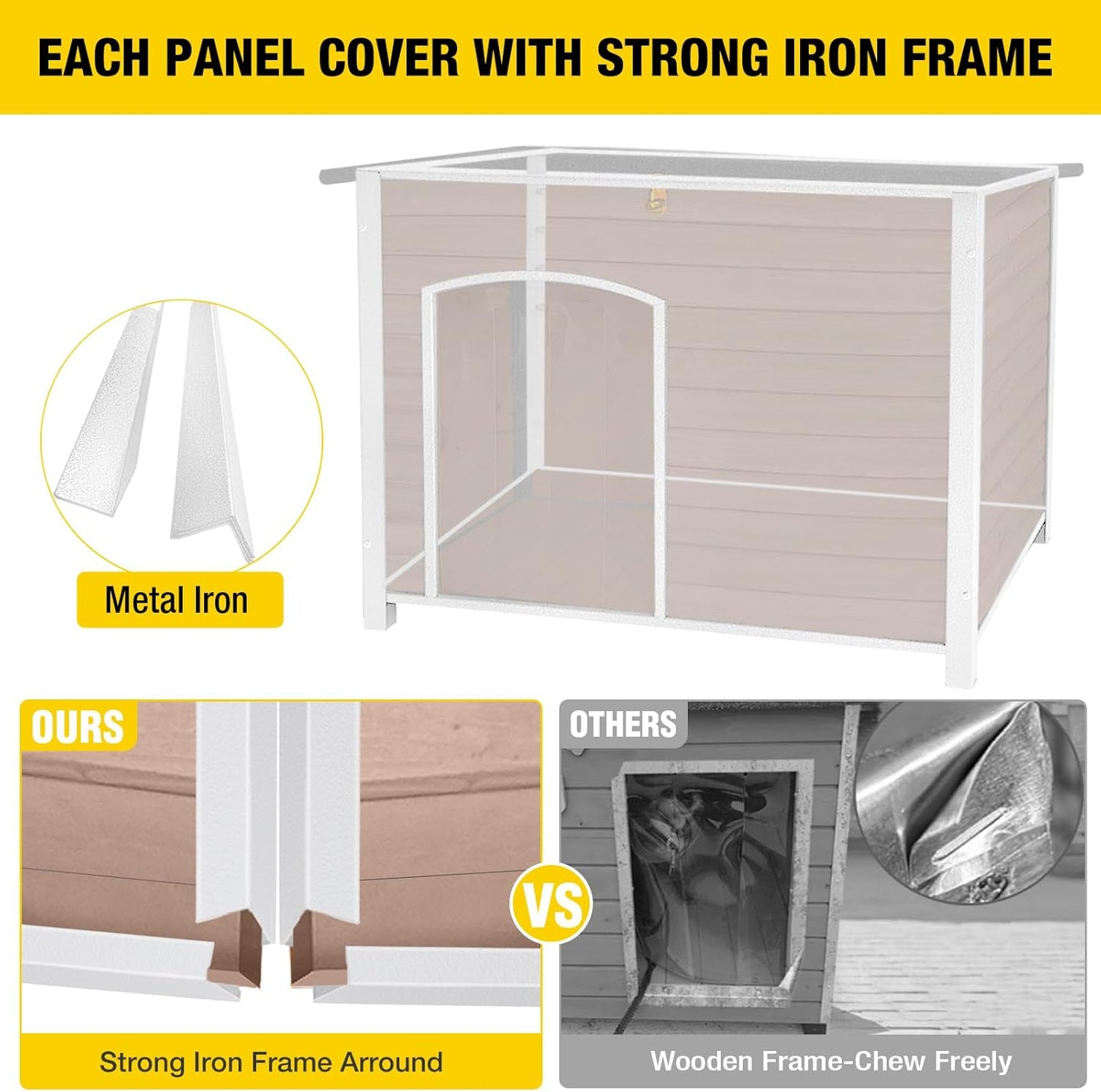 Dog House Outdoor & Indoor Wooden Dog Kennel for Winter with Raised Feet Weatherproof for Small & Medium & Large Dogs,Unique All-Around Iron Frame，Light Brown