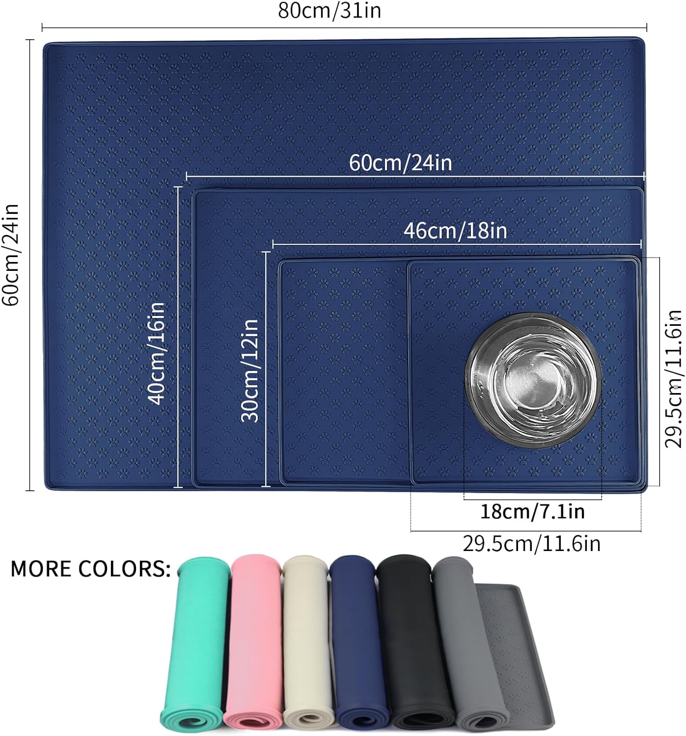 Ptlom Silicone Pet Placemat for Dog and Cat, Waterproof Non-Slip Pet Feeding Bowl Mats for Food and Water, Small Medium Large Tray Mat Prevent Residues from Spilling to Floor, Navy Blue, 18" 12"