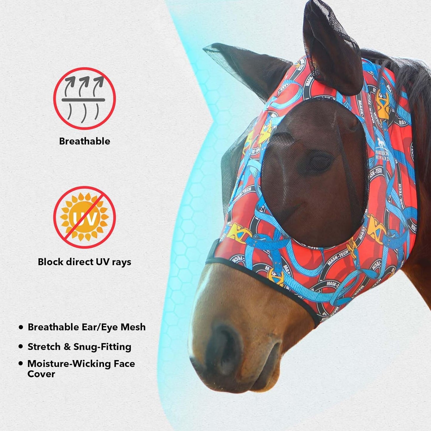 Harrison Howard Super Comfort Stretchy Fitting Horse Fly Mask with UV Protection Soft on Skin with Breathability Knitted Printing Medium