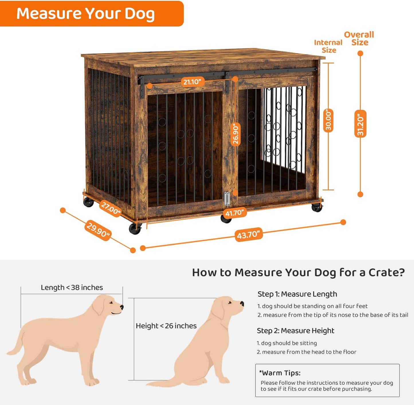 IchbinGo Large Dog Crate Furniture with Sliding Barn Door, 43.7" Wooden Dog Kennel End Table with Wheels and Flip-top Plate Dog House with Detachable Divider for Small/Medium/Large Dog (Rustic Brown)