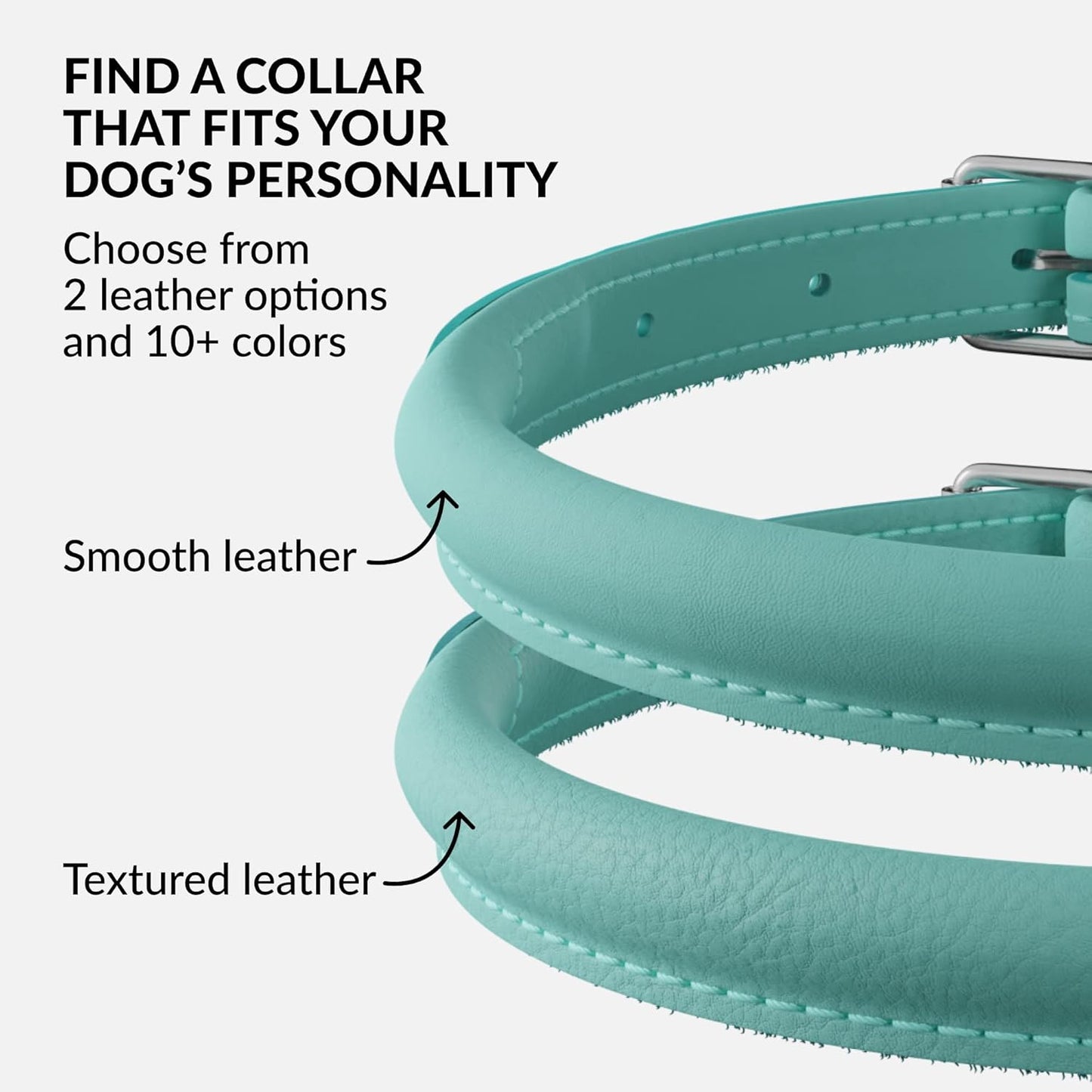 CollarDirect Rolled Leather Dog Collar, Soft Padded Round Puppy Collar, Handmade Genuine Leather Collar Dog Small Large Cat Collars 13 Colors (15-19 Inch, Mint Green Smooth)