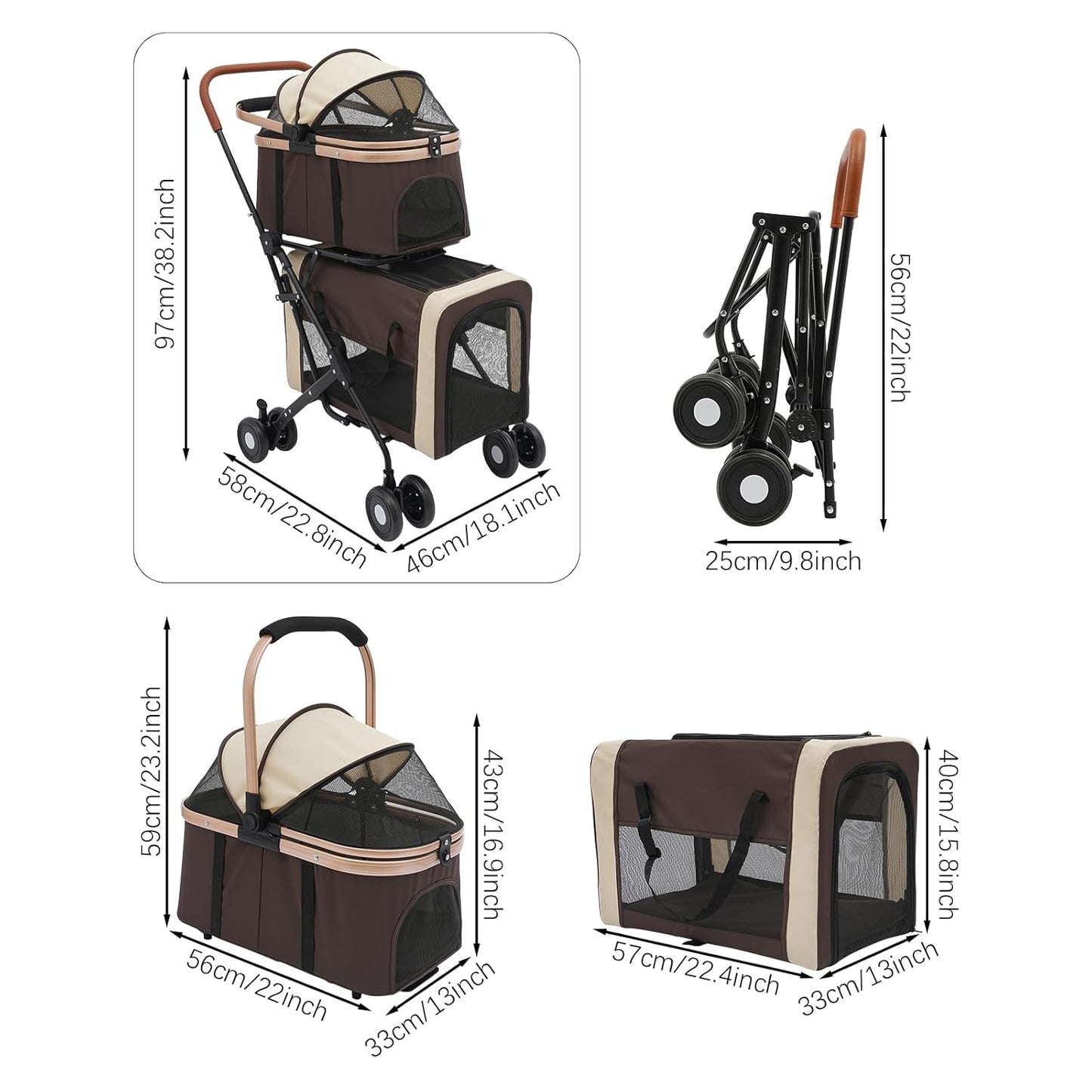 Double Pet Stroller with Detachable Carriers, Large Cat & Dog Stroller with 4 Wheels, Foldable Pet Strollers Small & Medium Dogs Cats 77lbs (Coffee Color)
