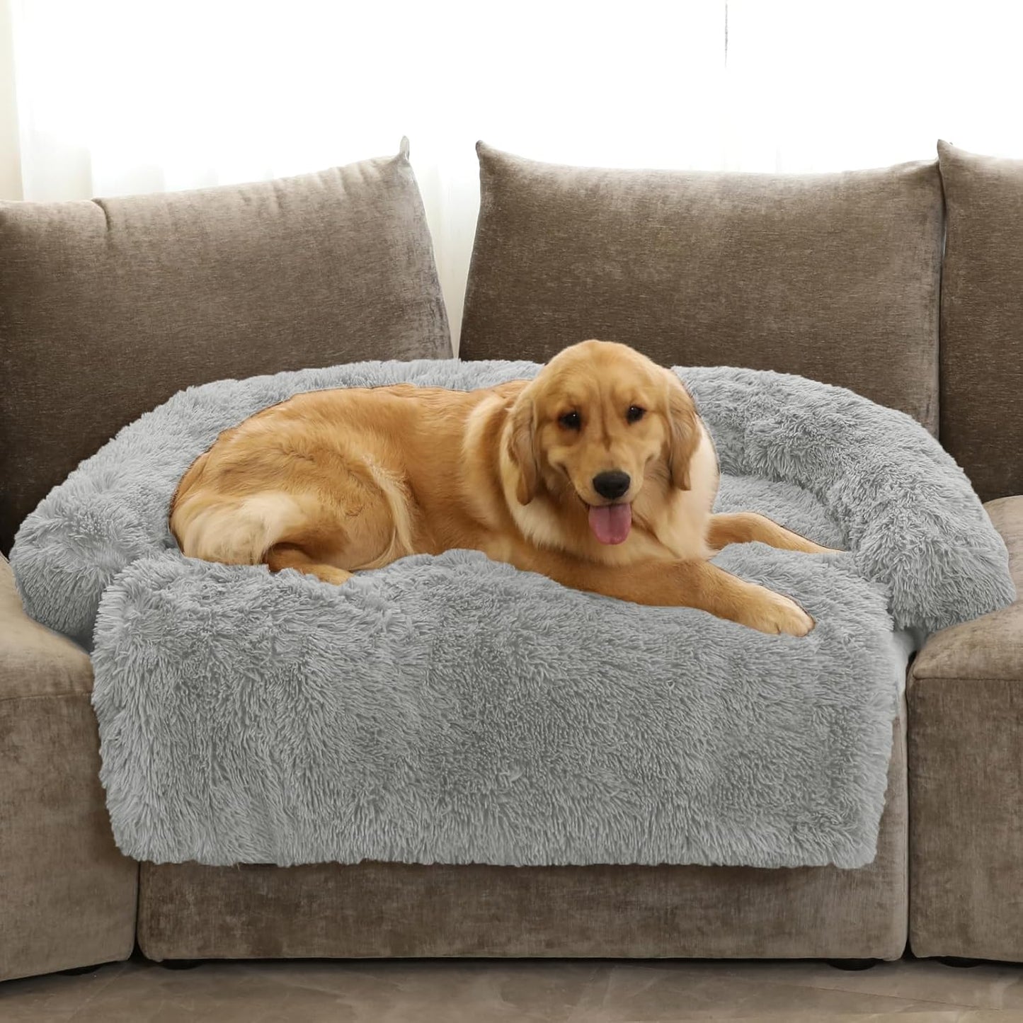 GGIB Calming Dog Bed Fluffy Plush Dog Mat for Furniture Protector with Removable Washable Cover for Large Medium Small Dogs and Cats (Extra Large (53x39.3x6), Grey)