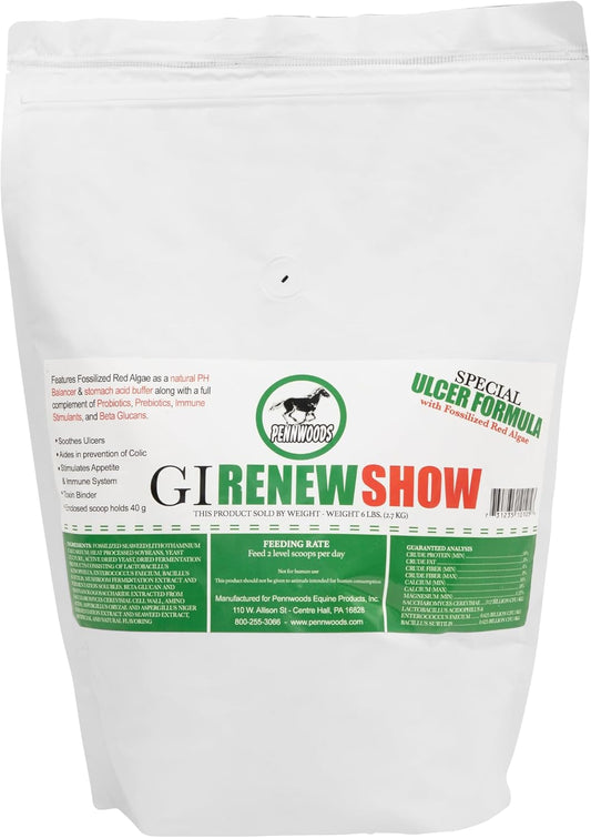 GI Renew Show, Probiotics for Equine, Immune and Appetite Stimulation, Prebiotics, Digestive Enzymes | Horse Supplement Providing Ulcer Relief and Treatment, Organic Toxin Binder, 6 LB Bag
