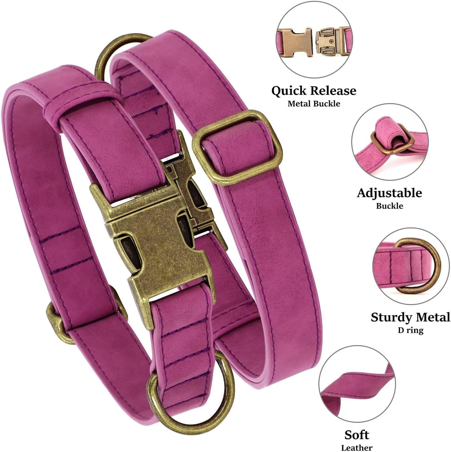 Didog Soft PU Leather Dog Collar, Stylish Quick Released Dog Collars for Large Dogs, Easy Clean Adjustable Pet Collar for Daily Walking, Purple, XL Fit 17-27" Neck