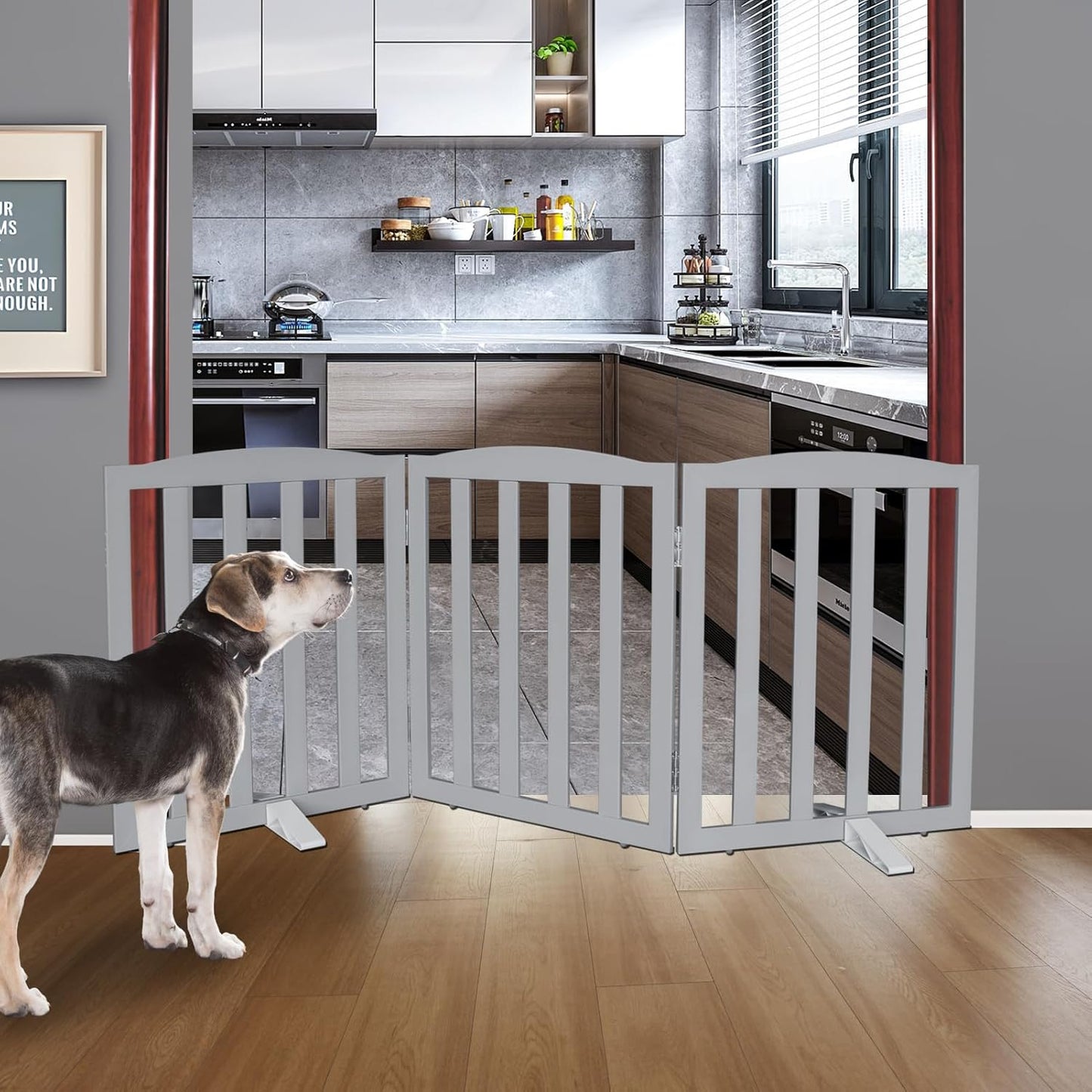ZJSF Foldable Freestanding Indoor Dog Gate for House Wood Long Pet Gates Dog Fence for Stairs Puppy Gates for Hallways, Puppy Gate,Support Feet Included, Grey, 24 "Height-3 Panels