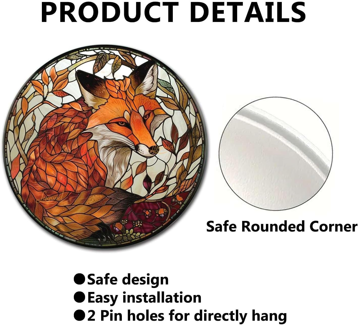 Lygond Metal Sign Tin Sign Circular Stained Glass Red Fox2 Gardening Sign for Yard 8×8 Inches