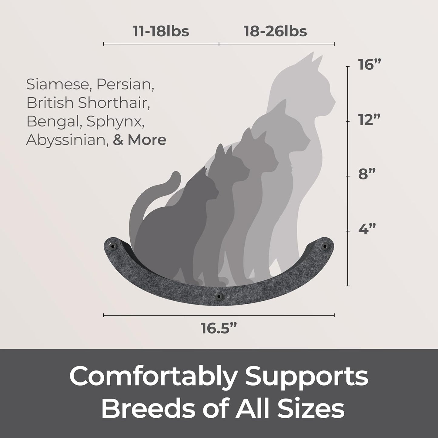 Wall Mounted Cat Hammock Bed by Pryde Pets - Floating Perch Curved Shelf, 100% Sustainable PET Felt Feline Enrichment Climber Furniture for Indoor Cats, Modern Climbing Gym Jungle Design (Charcoal)