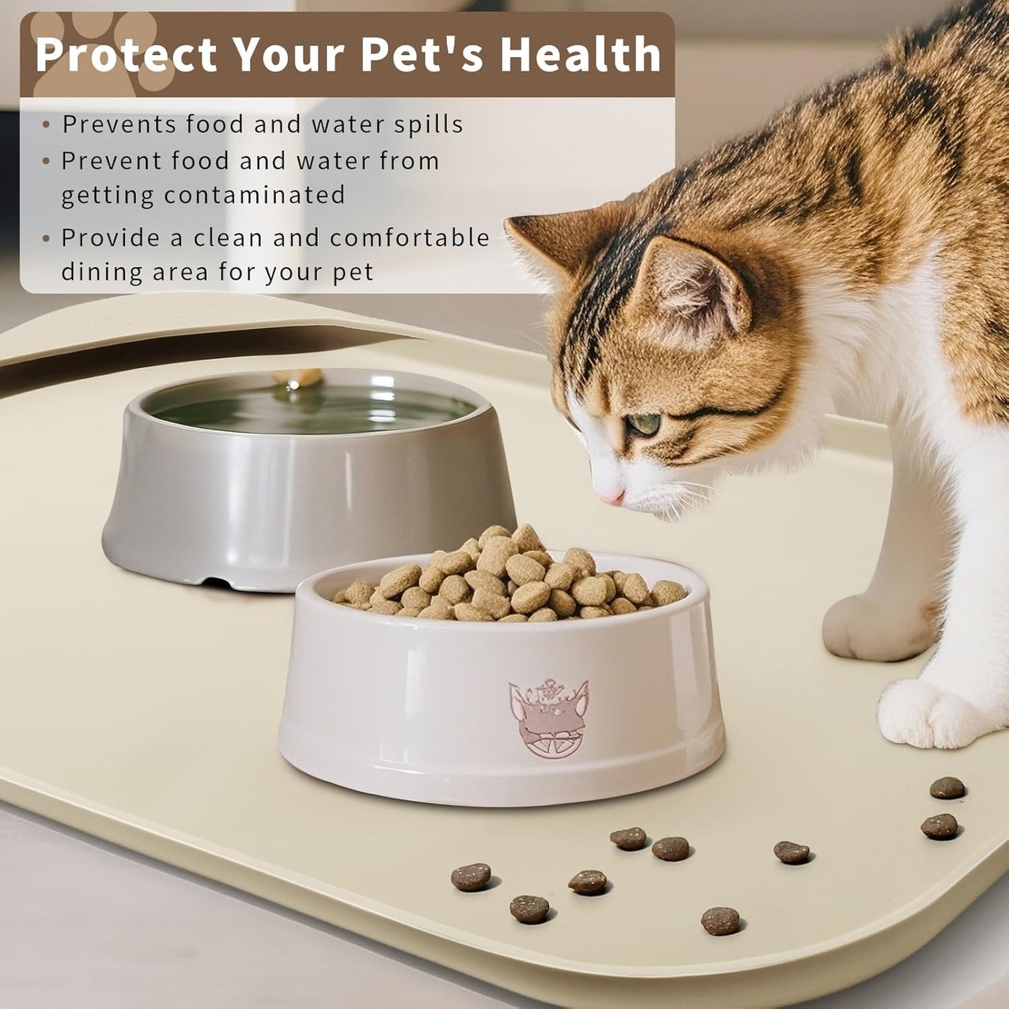 Silicone Pet Feeding Mat with Raised Edge & Residue Collection Pocket for Food and Water, Dog Bowl Mats, Cat Bowls Placemat with High Lip for Floor Waterproof, 19 x 12 x 0.7 White Sand