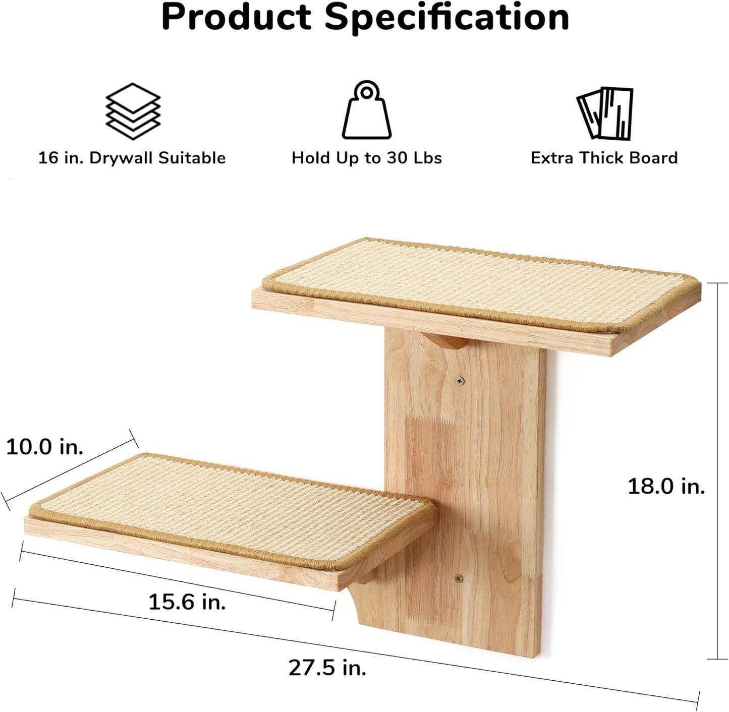 FUKUMARU Cat Wall Shelves, 2 Platform Kitten Wall Furniture, Tree Shape Wall-Mounted Floating Shelf with Sisal Mat, Solid Rubber Wood Cats Perch for 16 Inch Drywall, Suitable for Climb, Play, Nap