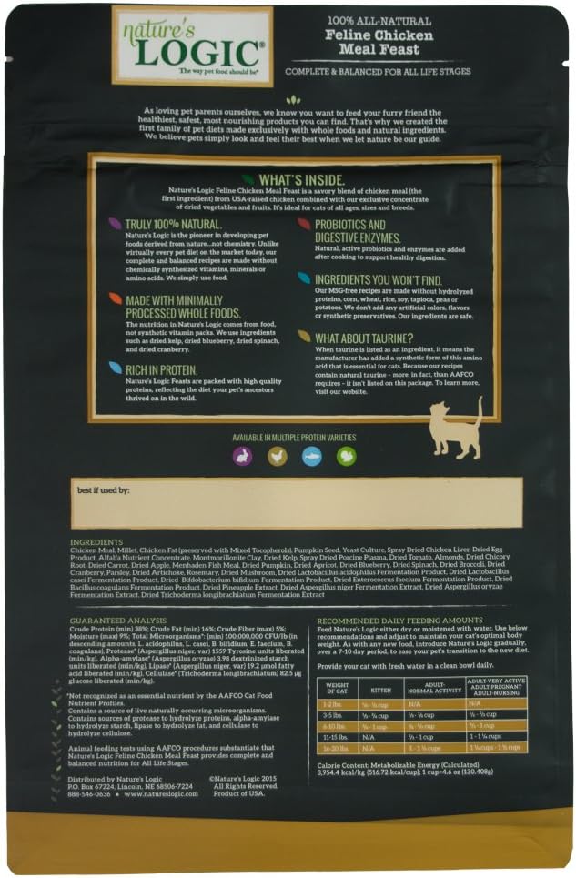 NATURE'S LOGIC Feline Chicken Meal Feast Cat Food - High-Protein Dry Food for Cats, 100% Natural Nutrition with Probiotics & Prebiotics - All Life Stages - Chicken, 3.3lbs (Pack of 3)