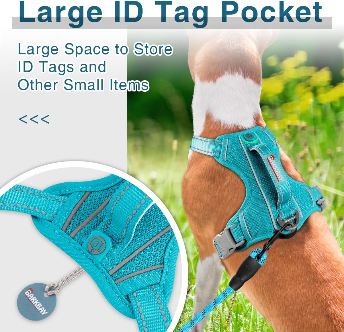 BARKBAY Dog Harness No Pull with ID Tag Pocket - Heavy Duty, Reflective, Easy Control for Large Dogs(Ocean Blue,M)