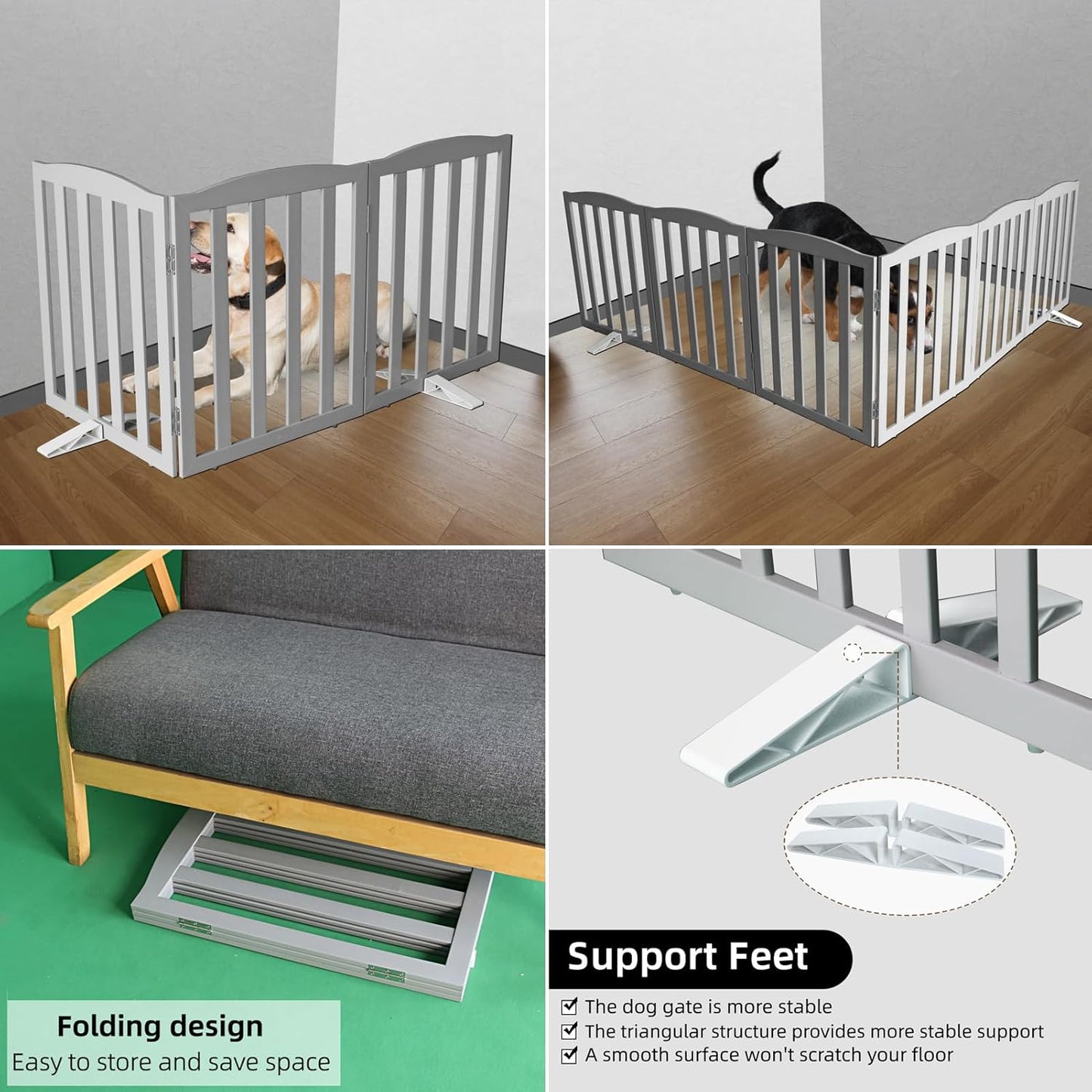 ZJSF Foldable Freestanding Indoor Dog Gate for House Wood Long Pet Gates Dog Fence for Stairs Puppy Gates for Hallways, Puppy Gate,Support Feet Included, Grey, 24 "Height-3 Panels