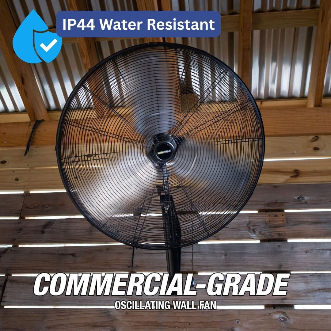 OEMTOOLS 24" Outdoor Wall Mount Fan, 80° Oscillating Fan 6800 CFM Max, Water Resistant, Use in Garage, Gym, Warehouse, Factory and Jobsite