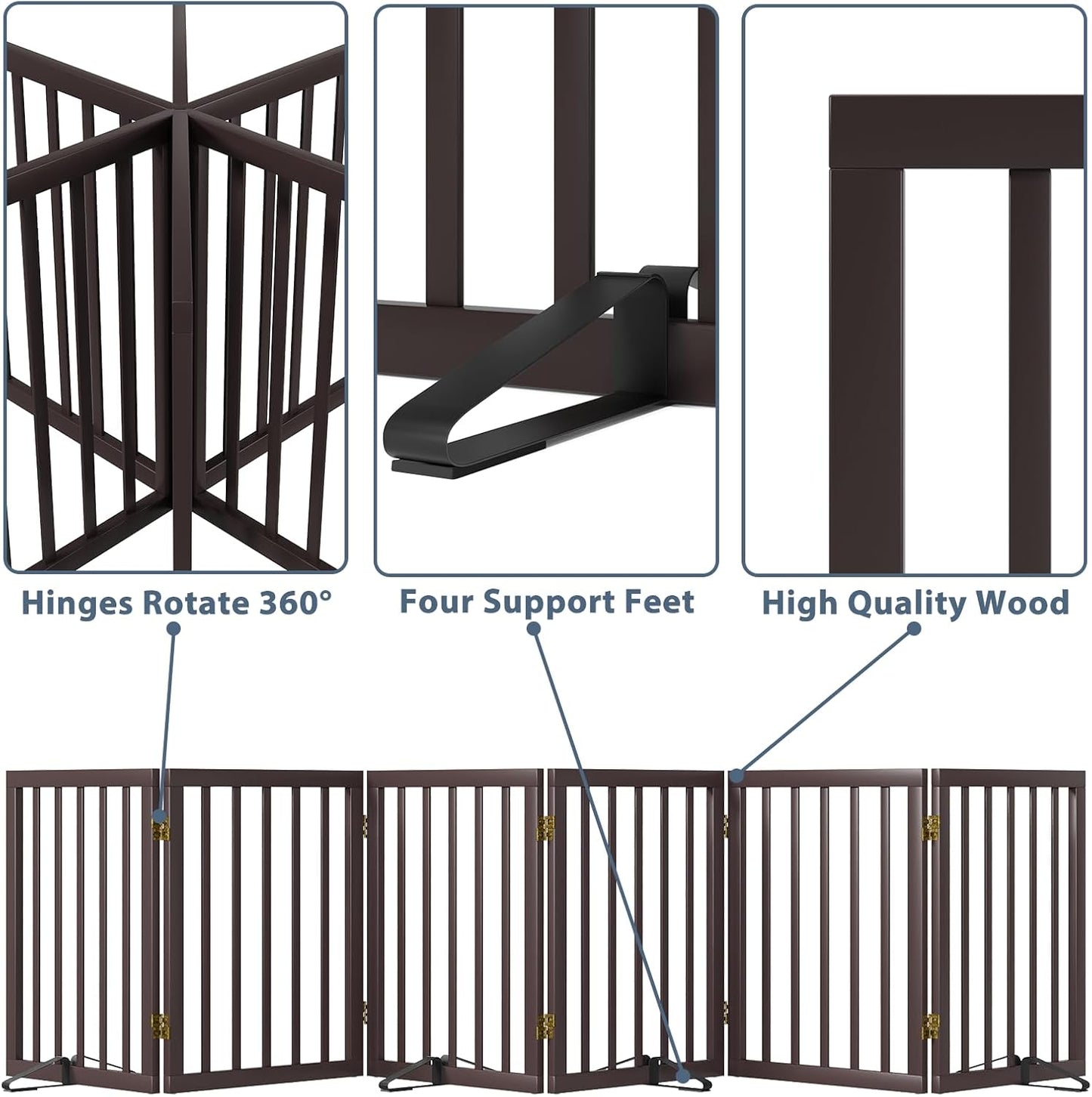 Dog Gates for The House Doorways Extra Wide 110 Inches Wood Freestanding Pet Gates for Dogs Indoor Fence with Support Stands