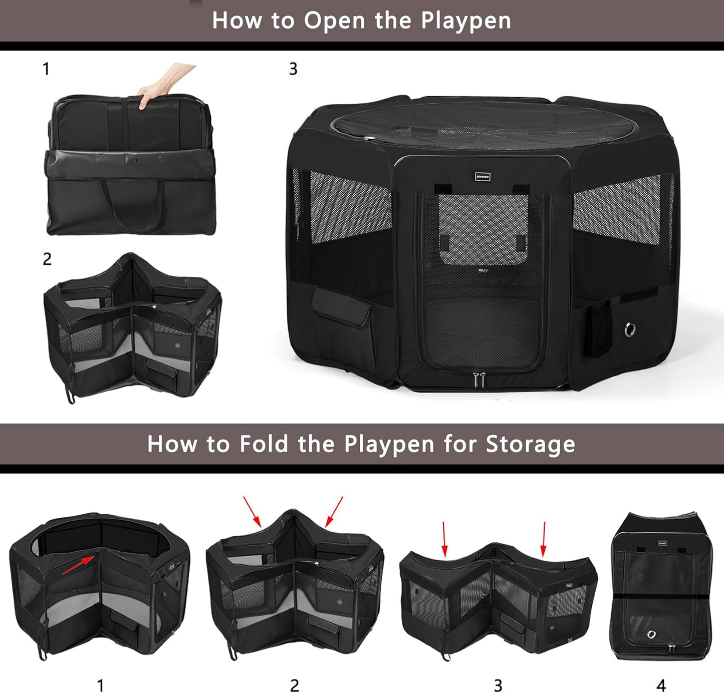 DONORO Dog Playpen Portable Pet Play Pens for Small Dog/Cat/Rabbit/Chicks, Cat Playpen Indoor/Outdoor with Carring Case, Removable Zipper Top and Bottom (Black, Medium (36"x36"x20"), 8)
