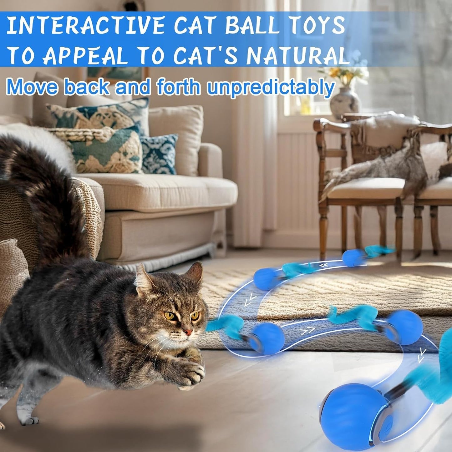Interactive Cat Toy Ball - Motion-Activated, USB Rechargeable Cat Toys for Indoor Cats with Anti-Scratch Cover & 2 Changeable Tails - Enrichment Toy for Active Cats & Kittens