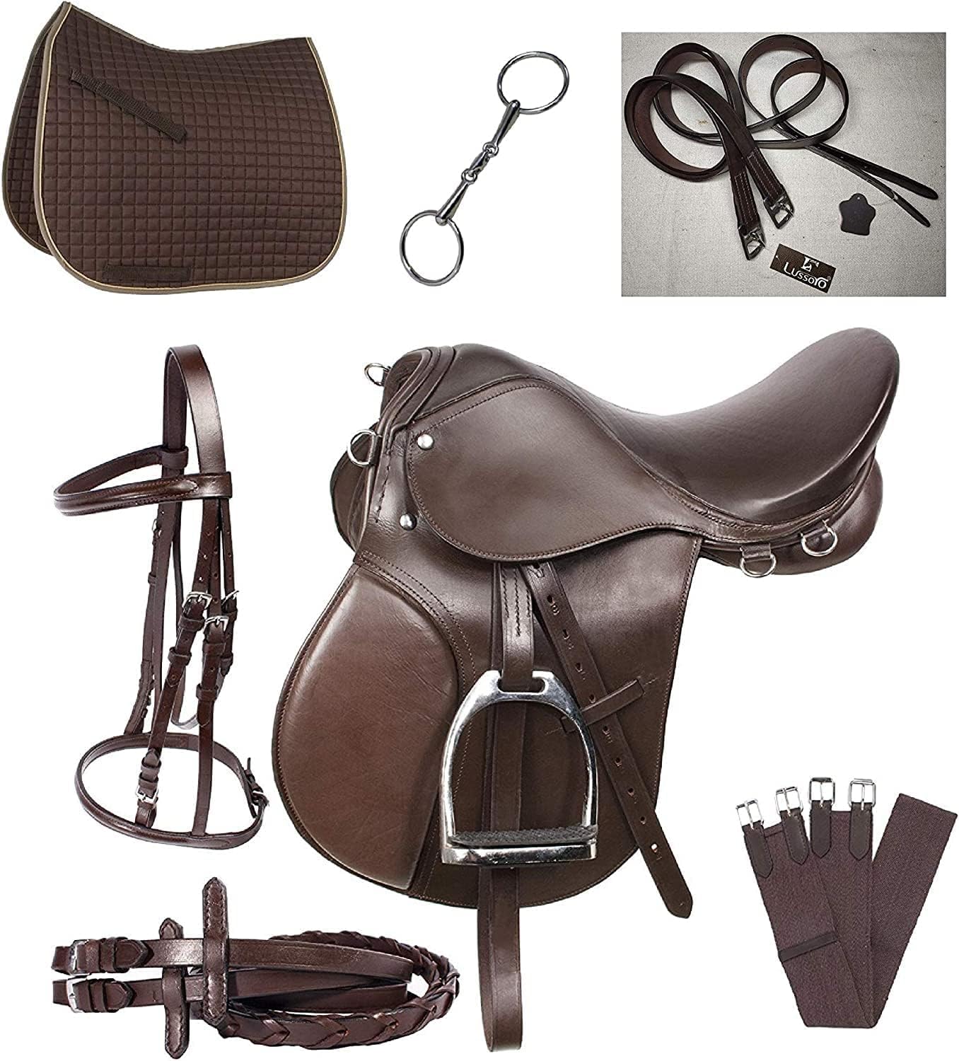 Leather English Riding Horse Saddle Starter Kit Brown Saddle Combo Pack Set of 7 pcs
