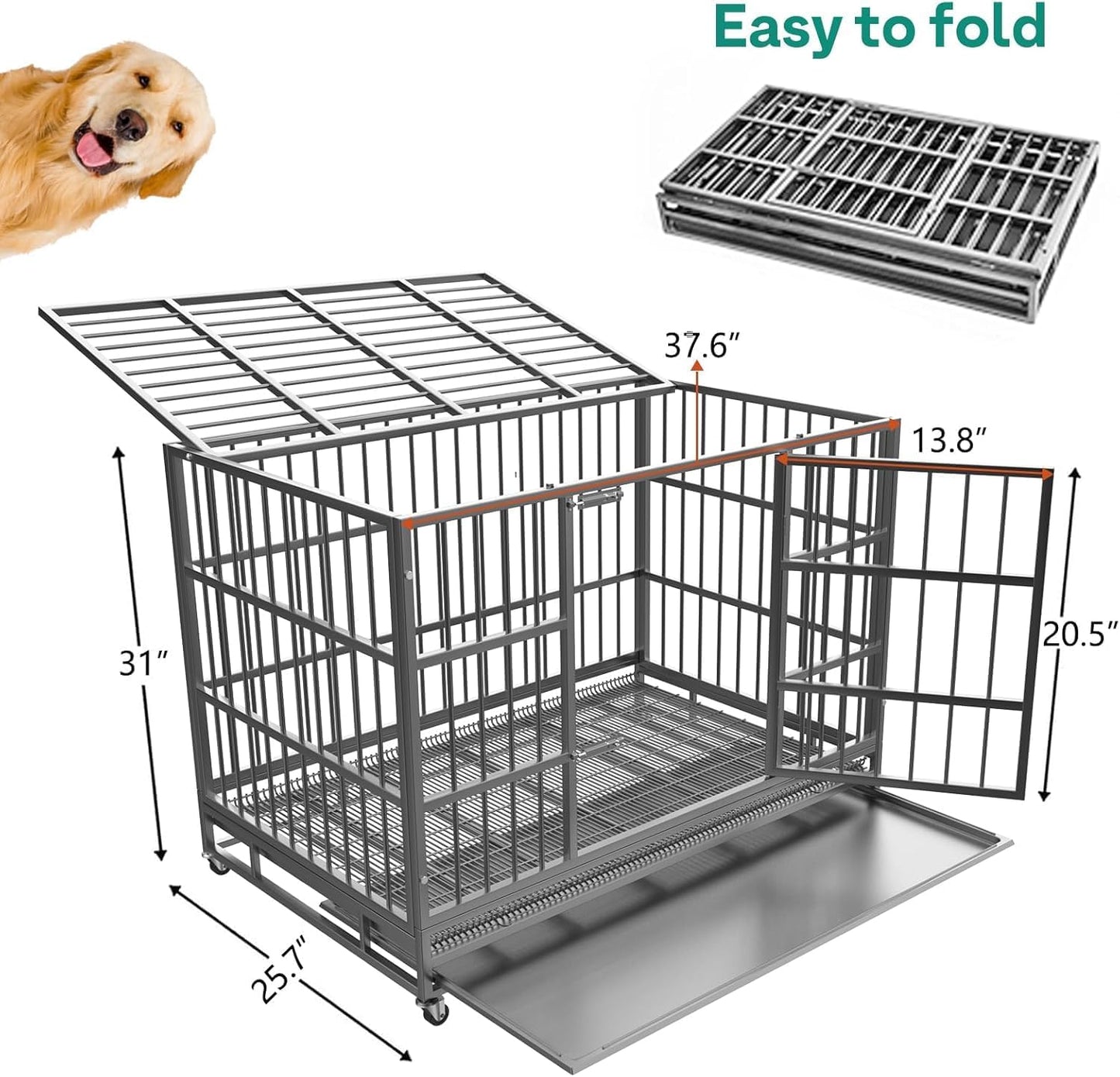 Oranland 38 Inch Heavy Duty Indestructible Dog Crate Cage Kennel with Wheels, High Anxiety Dog Kennel, Sturdy Locks, Double Door and Removable Tray Design, Extra Large XL Dog Crate.