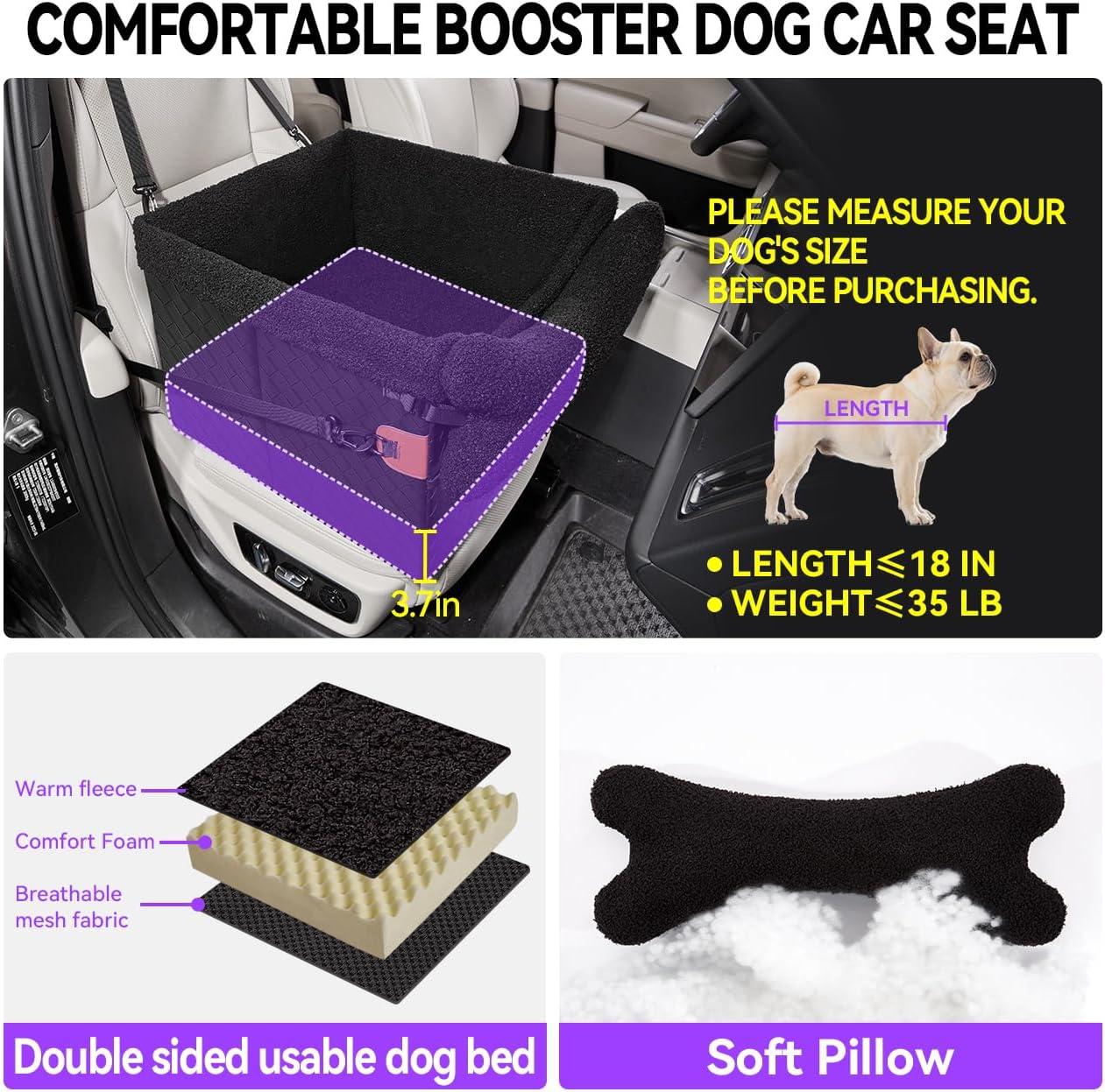 Dog Car Seats for Small Medium Dogs,PU Leather Car Seat Boosters,Foldable Puppy Cat Carseats (Black, Medium Dog)