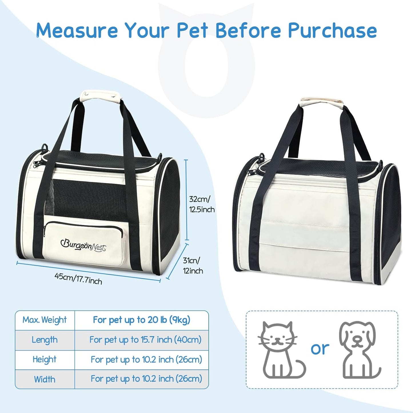 BurgeonNest Cat Carrier for Large Cats 20 lbs,Medium Pet Under 25 lbs,2 Puppy and Small Dogs with Unique Side Bag,Top Load Pet Carrier Soft-Sided Escape Proof with 4 Ventilated Windows