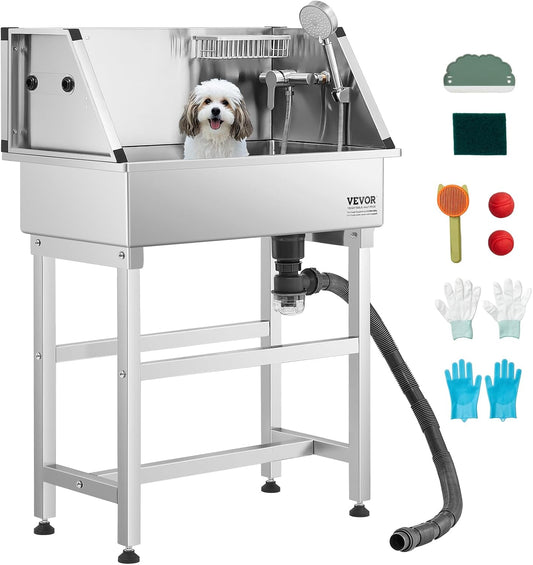 VEVOR Stainless Steel Dog Washing Station, 34 inch Pet Grooming Tub w/Faucet & Showerhead & Soap Holder & Play Balls Simple Dog Bathtub for Multiple Pets, Home Washing Sink