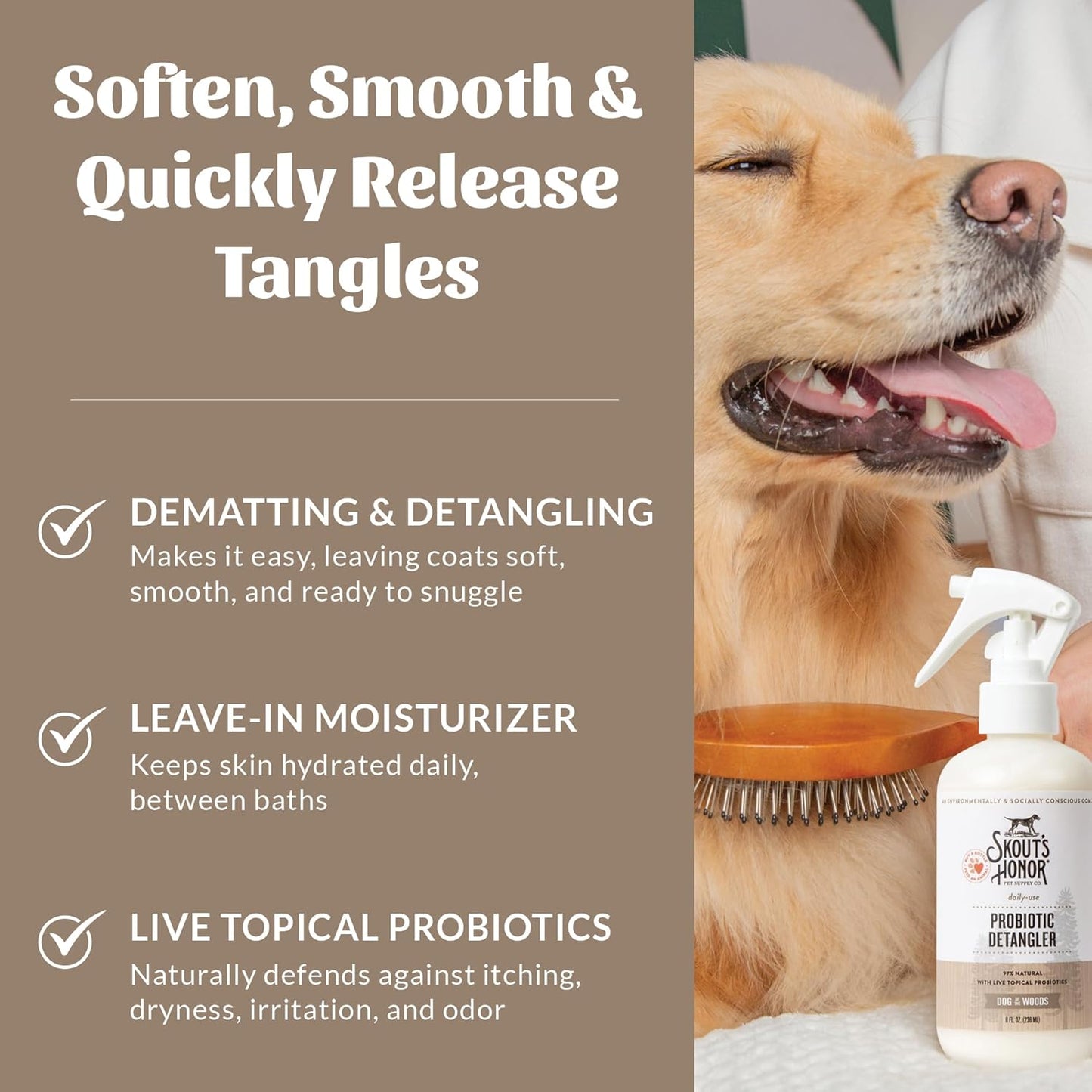 Skout's Honor Pet Detangler Spray - Hydrating & Conditioning with Avocado Oil & Probiotics, 97% Natural, Paraben & Sulfate-Free, softens for a brushable Coat, Daily Use, 8oz, Dog of The Woods, 2-Pack