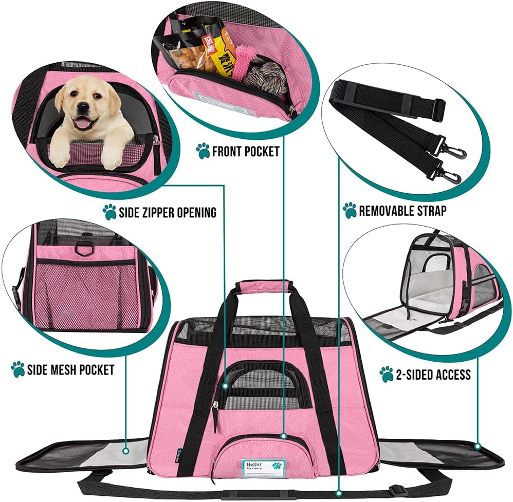 PetAmi Airline Approved Pet Carrier for Cat, Soft Sided Dog Carrier for Small Dogs, Cat Travel Supplies Accessories for Indoor Cats, Ventilated Pet Carrying Bag Medium Large Kitten Puppy, Small Pink