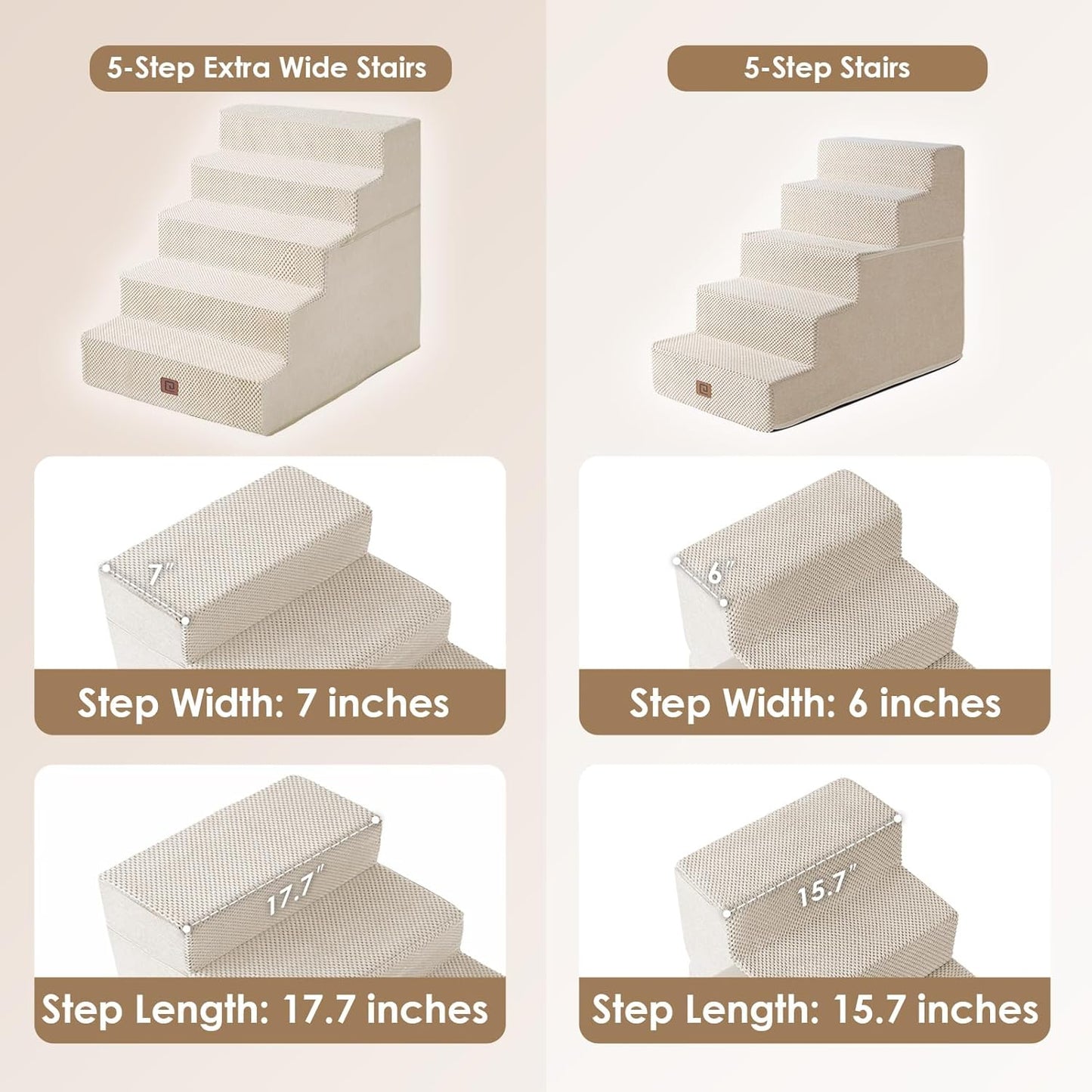 EHEYCIGA Dog Stairs for High Bed 25" H, 5-Step Extra Wide Dog Steps for Bed, Pet Steps for Small Dogs and Cats, Non-Slip Balanced Pet Ramp Indoor, Beige