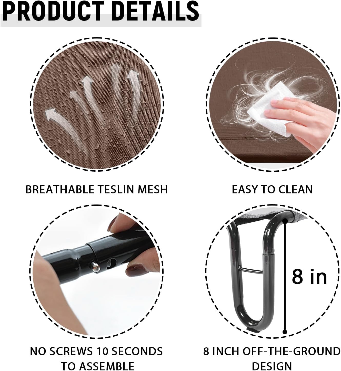 pettycare Elevated Outdoor Dog Bed - Cots Beds for Medium Dogs, Waterproof, Raised Cot, Easy to Assemble, Cooling with Teslin Mesh, Durable, Non Slip, Up to 40 lbs, Brown