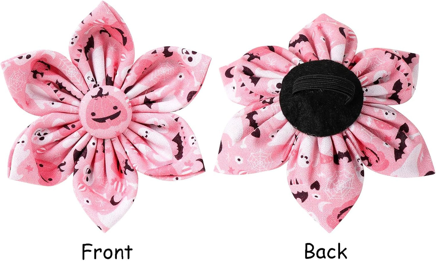 Lionet Paws Halloween Dog Collar with Flower, Cute Fall Pink Adjustable Cotton Pumpkin Ghost Pet Collar for Small Dogs