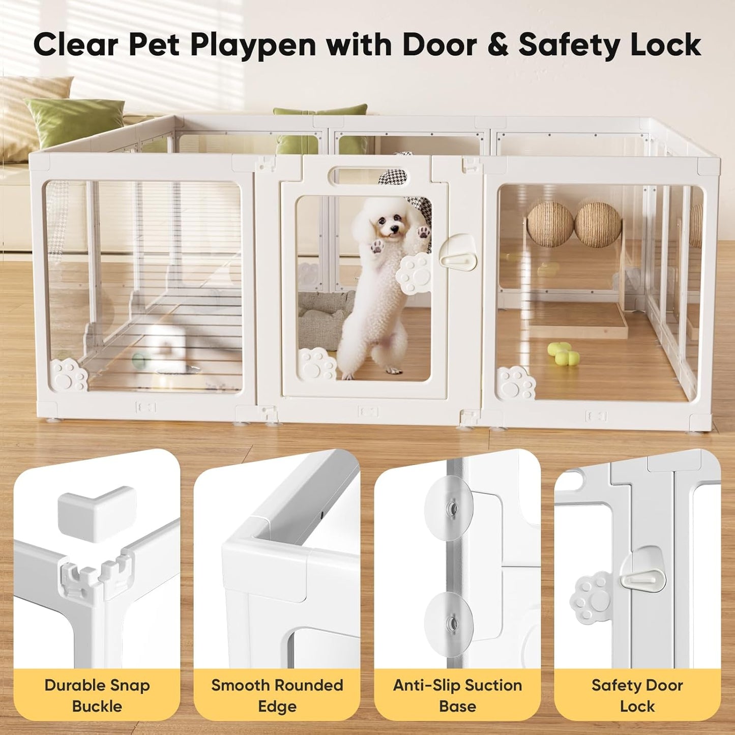 Acrylic Clear Dog Play Pen Indoors, Puppy Playpen with Door for Small Dogs Puppies, Transparent Plastic Pet Playpen Cage Fence Crate Kennel for Cat Kitten Rabbit Bunny Ferret etc (White-12 Panels)