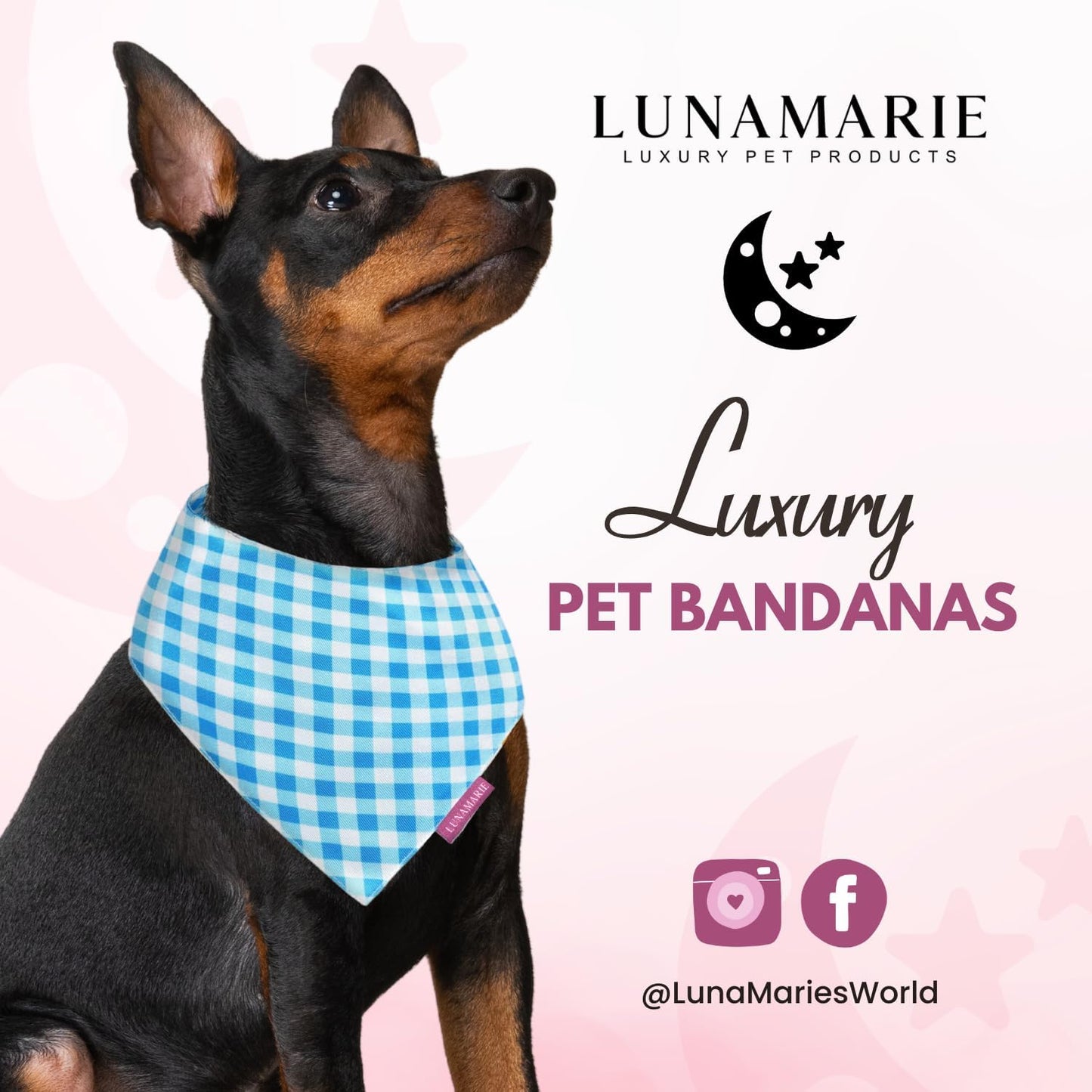 LunaMarie - Luxury Pet Birthday Bandanas -Premium & Silky Poly Fabric | 100% Handmade | Custom Shape Dual Layered (Blue Checkers, Small)