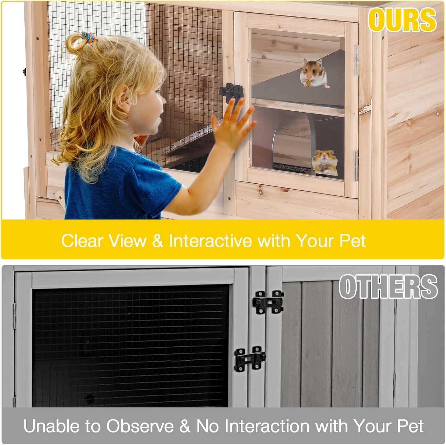 AIVITUVIN Wooden Guinea Pig Cage Indoor with Cooling Plate and Anti-Chewing Edges Two-Story Rabbit Hutch Pull Out Tray Outdoor Rabbit Cage with Raised Stand and Wire Mesh Small Animals Cage (Nature