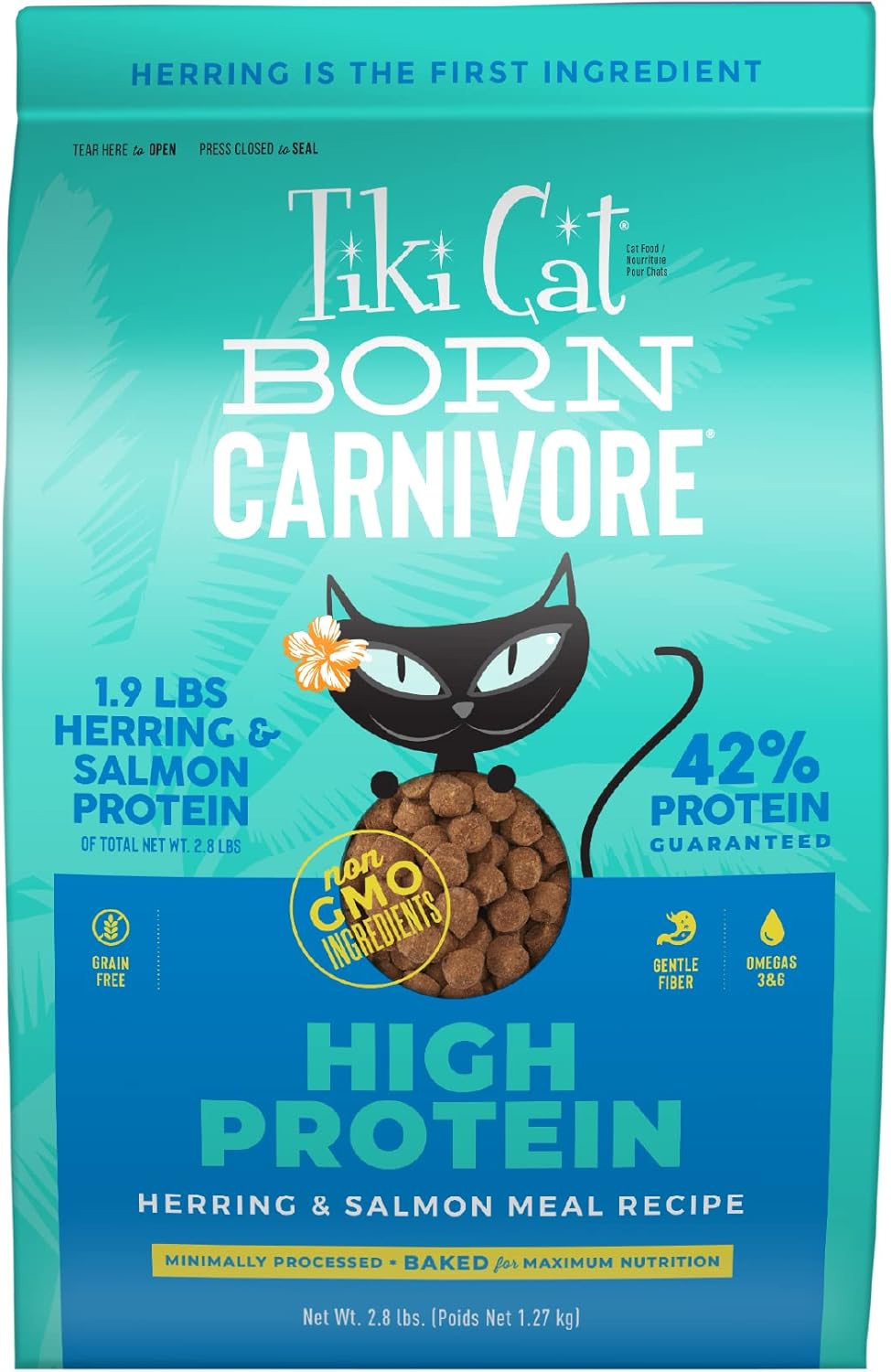 Tiki Cat Born Carnivore High Protein Dry Cat Food, Herring & Salmon Meal, 2.8 lbs. Bag