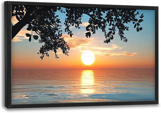 Framed Large Lake Sunset Wall Art, Oversized Natural Landscape Wall Decor for Living Room, Tree Leaves Canvas Painting Pictures Home Decoration for Living Room Bedroom Office 36"x24"
