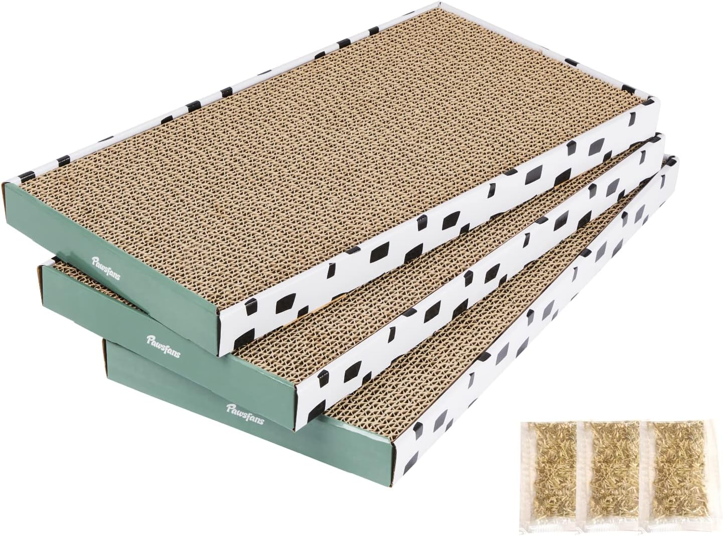 PAWSFANS Cat Scratcher Cardboard Scratch Pad with Box Durable Corrugate Scratching Board Kitty Sofa Lounge Bed Reversible Catnip Included for Indoor Cats,Large (Box, 3pcs)