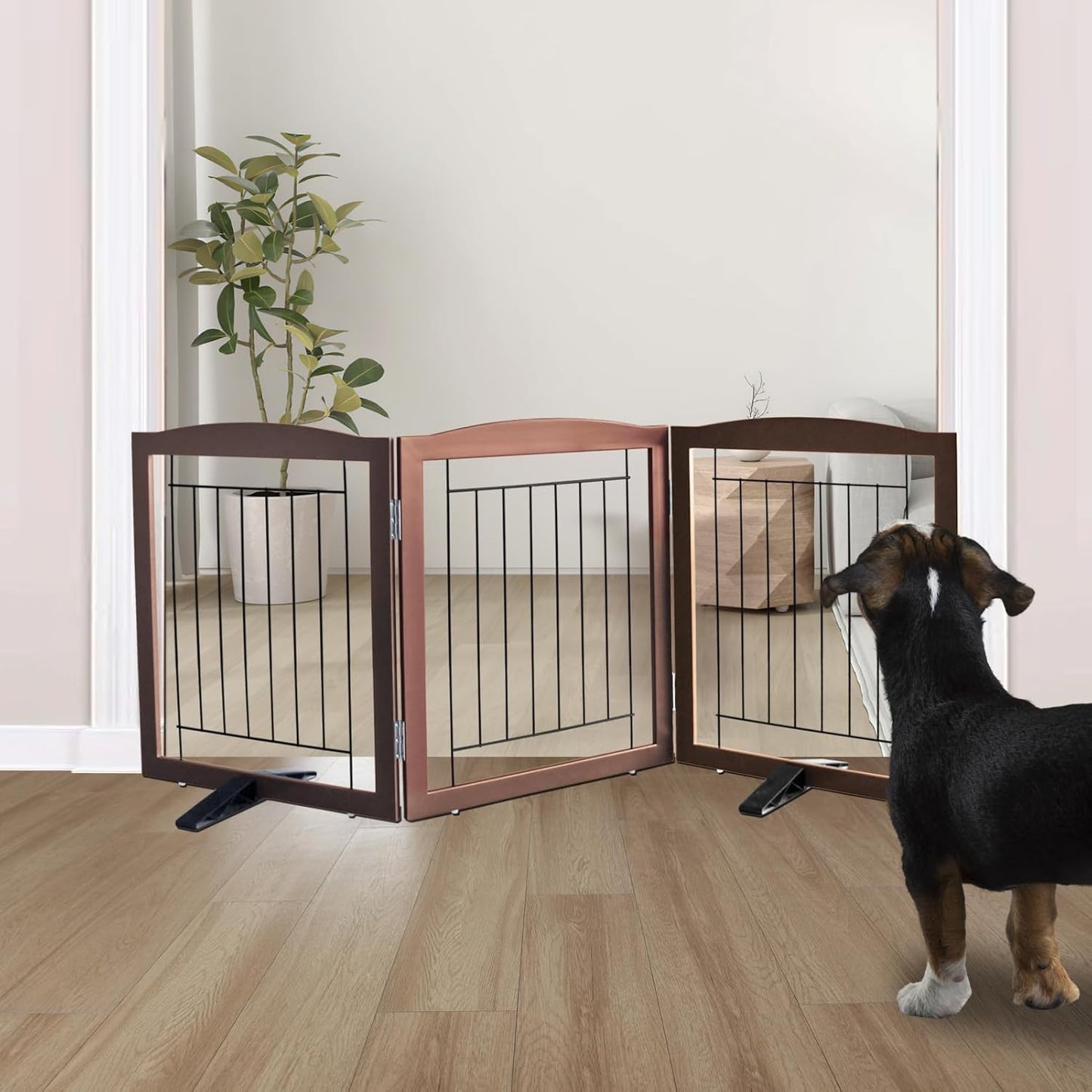 ZJSF Freestanding Dog Fence Indoor, Foldable Dog Gate for Doorways, Stairs or Hallways, Sturdy Wood Extra Wide Pet Gate with Support Feet for The House, Brown, 24 "Height-3 Panels
