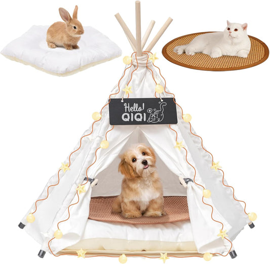 24" Dog& Cat Teepee Tent +28" Pet Cooling Mat +10ft Star String Light [2-Modes],Cotton Thicked Soft Comfort Anti-Slip Cushion (Used/Wash Separately), Indoor or Outdoor Large Pets Tents House